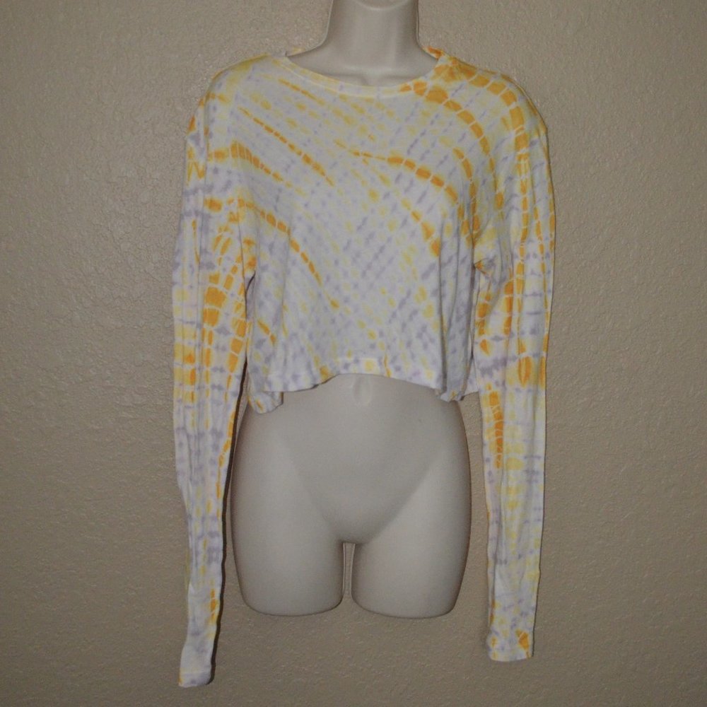 NWT $118 Sz XS SPRWMN Yellow Tie Dye Long Sleeve Cropped T-Shirt